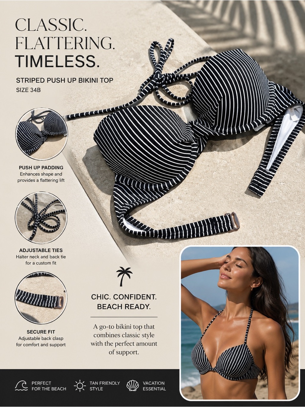 NWT: Shade & Shore Black and White Striped Bikini Top